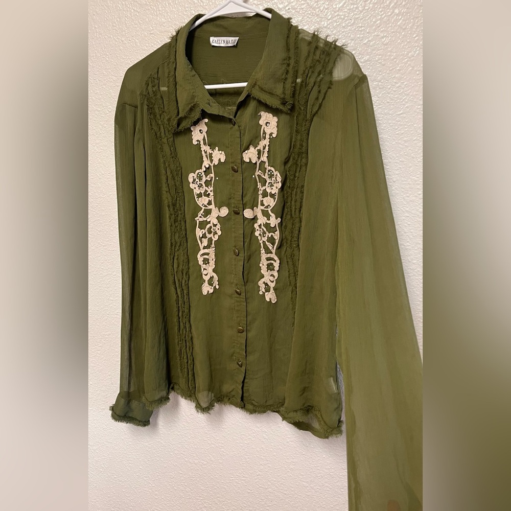 Carlyn K Olive Green Sheer Button-Up Blouse with Lace Trim